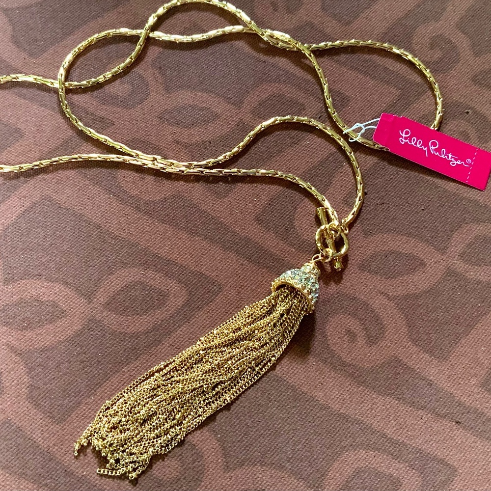Lilly Pulitzer NECKLACE 🩷 GOLD CHAIN TASSEL CRYSTAL NECKLACE NWT “Fronds”TOGGLE - Picture 15 of 16